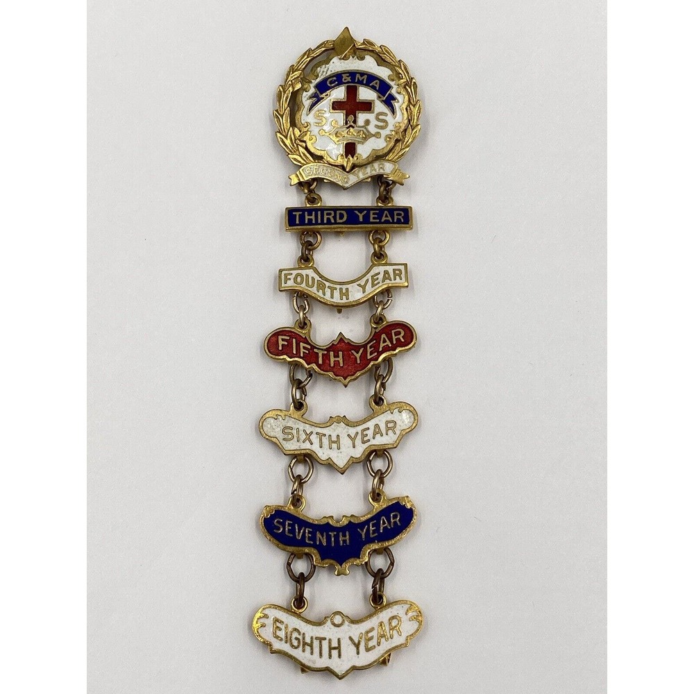 Vintage C&MA 8 Year Attendance Pins Little Cross and Crown 1/20 10k‎ Gold Filled